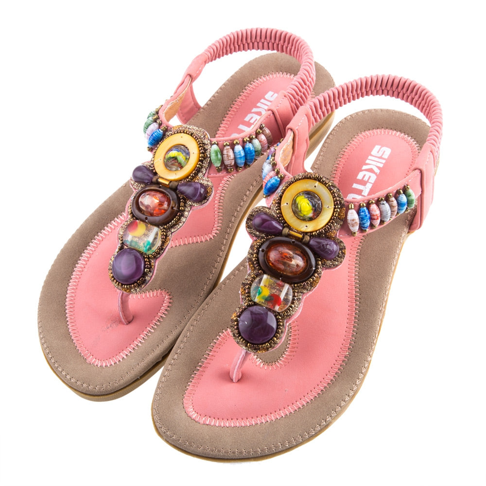 SIKETU Ladies Bohemia Beads Elastic Band Beach Flip-flop Sandals