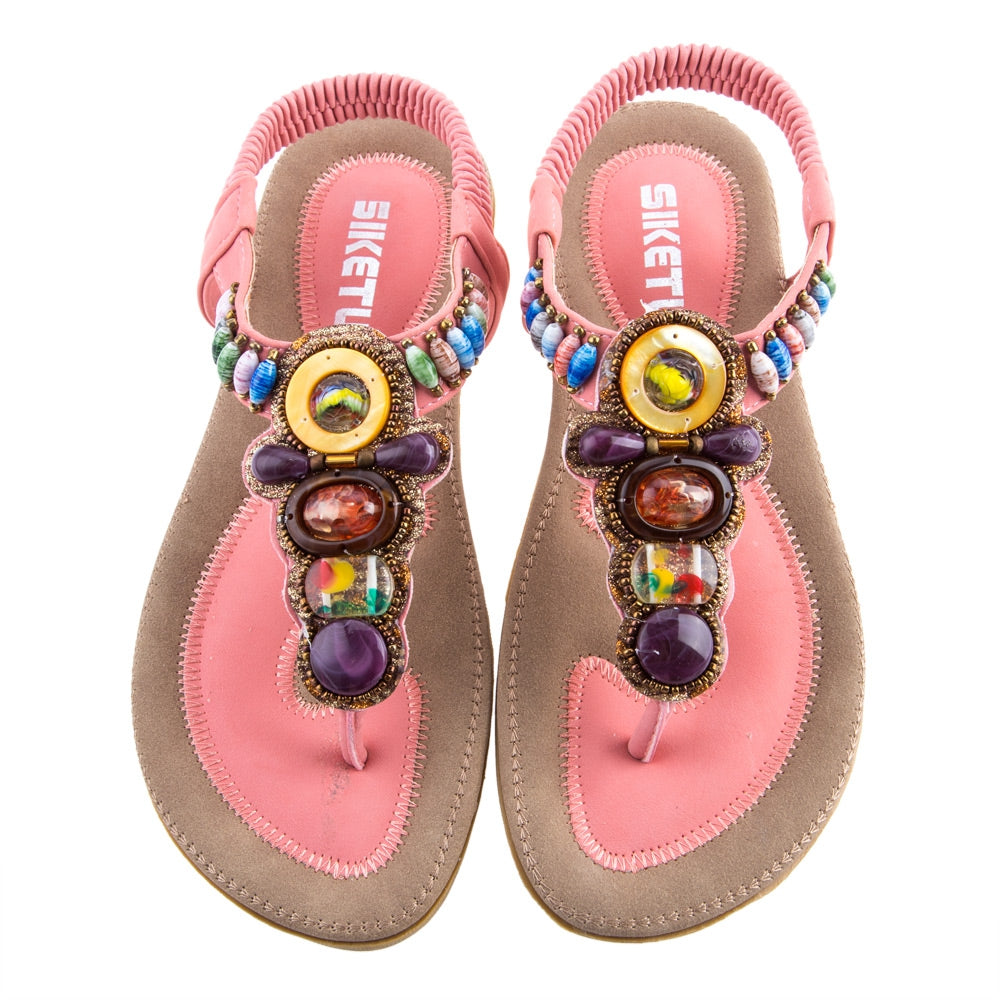 SIKETU Ladies Bohemia Beads Elastic Band Beach Flip-flop Sandals