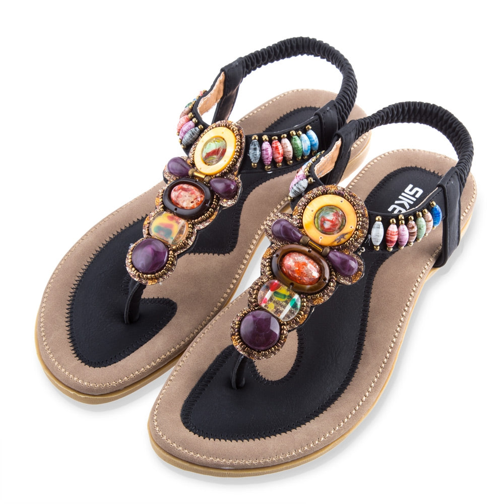 SIKETU Ladies Bohemia Beads Elastic Band Beach Flip-flop Sandals