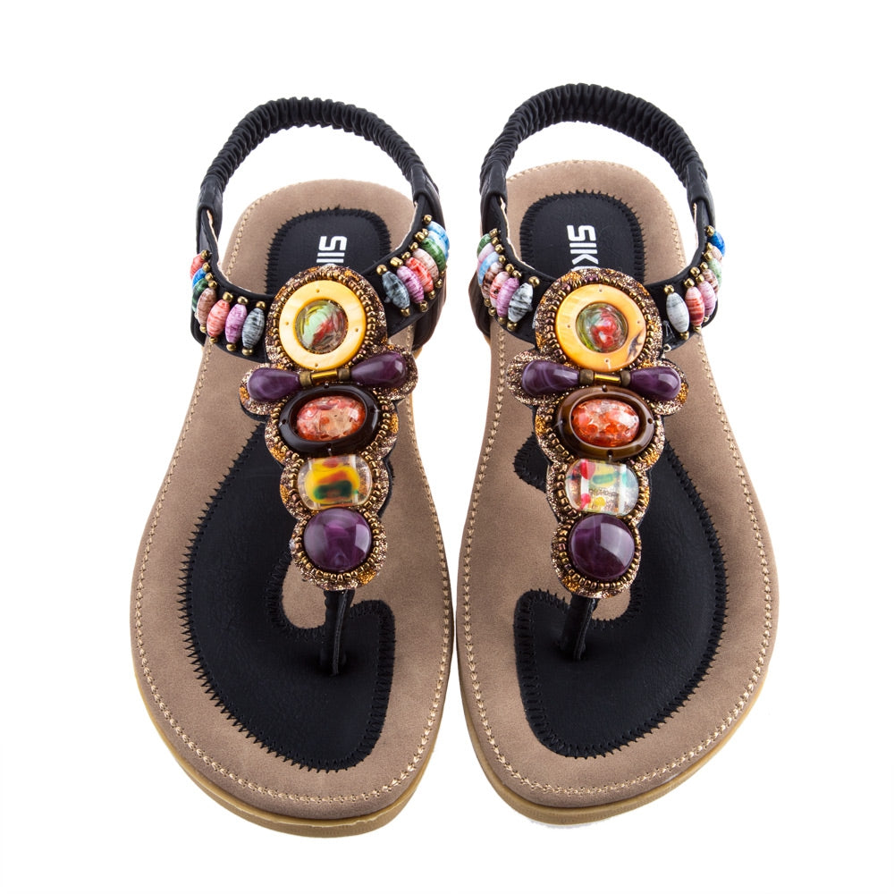 SIKETU Ladies Bohemia Beads Elastic Band Beach Flip-flop Sandals