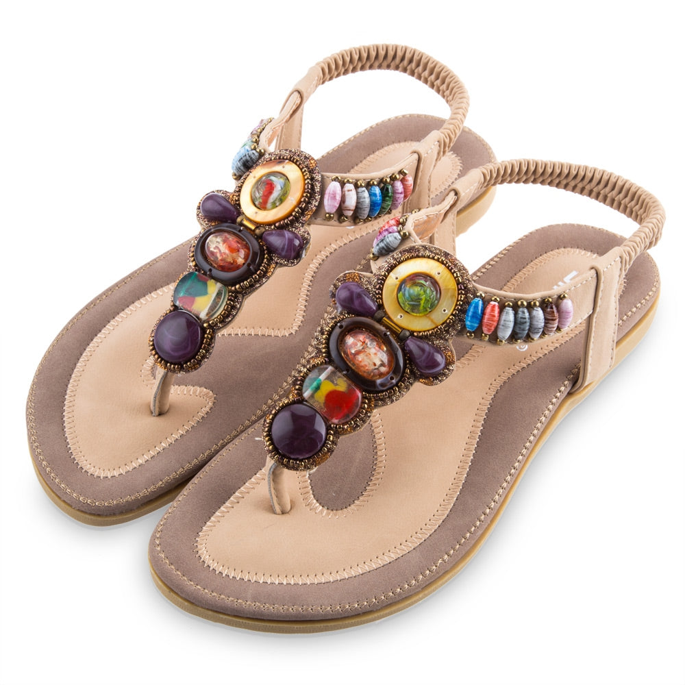 SIKETU Ladies Bohemia Beads Elastic Band Beach Flip-flop Sandals