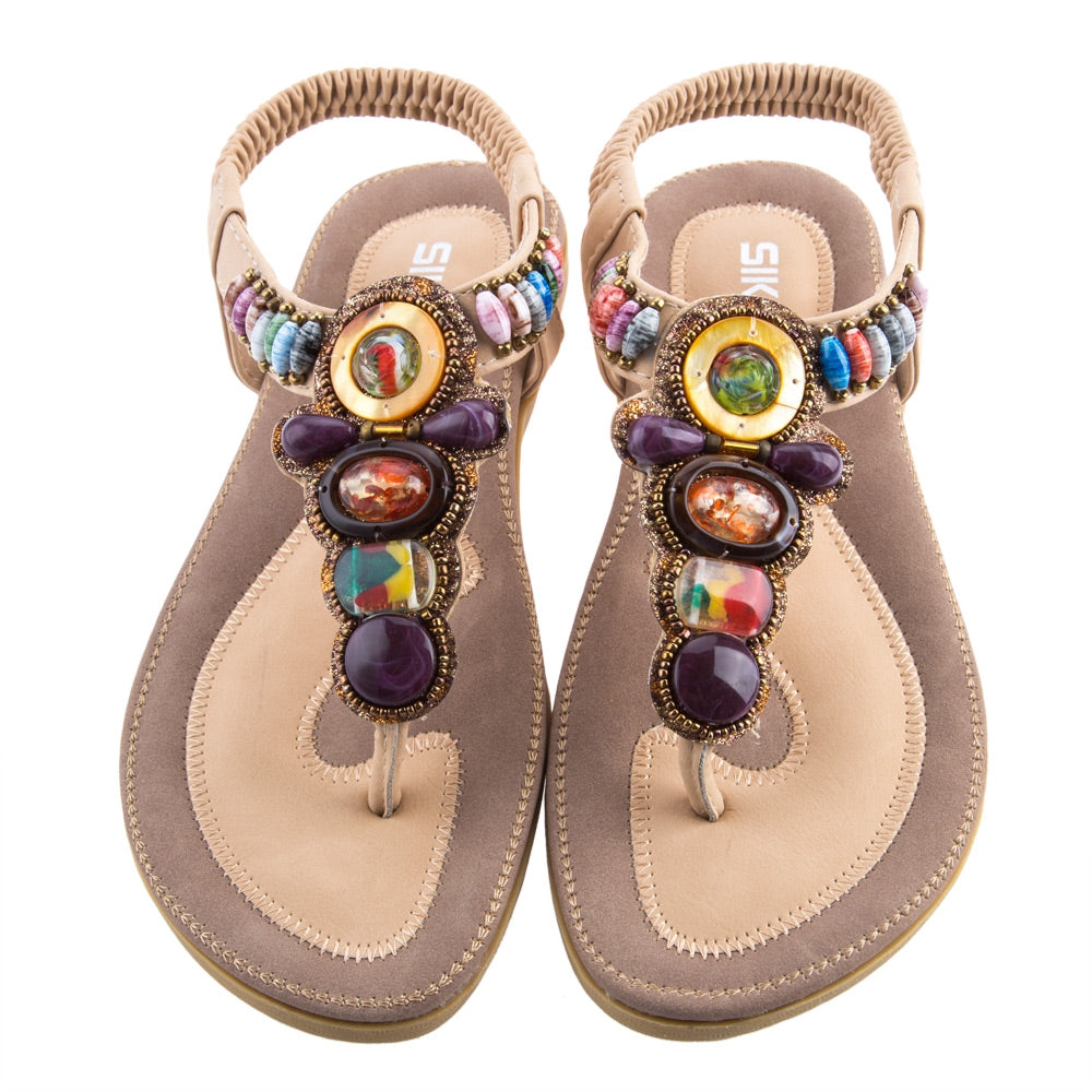 SIKETU Ladies Bohemia Beads Elastic Band Beach Flip-flop Sandals