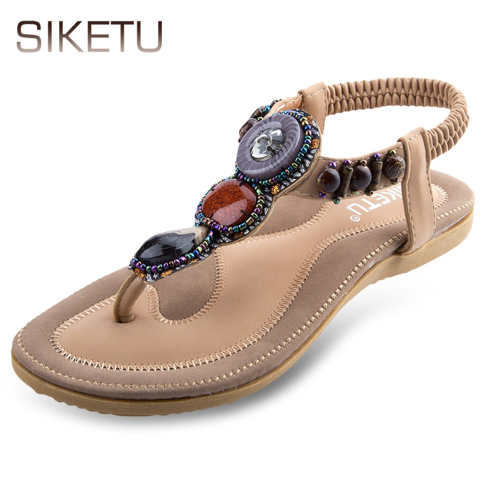 SIKETU Ladies Bohemia Rhinestone Design Slip On Beach Flip-flop Sandals