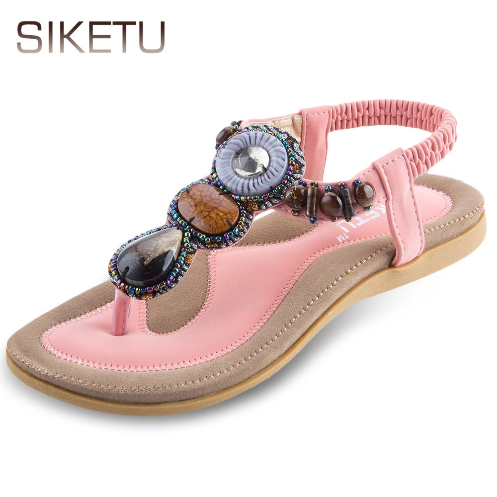 SIKETU Ladies Bohemia Rhinestone Design Slip On Beach Flip-flop Sandals