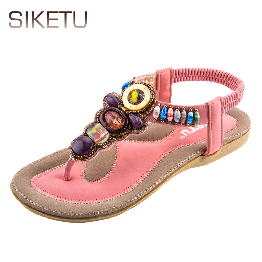 SIKETU Ladies Bohemia Beads Elastic Band Beach Flip-flop Sandals