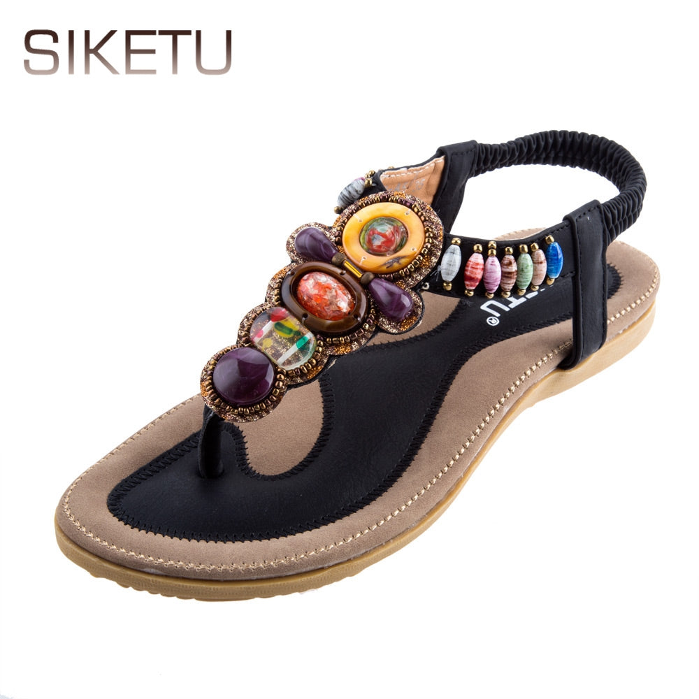 SIKETU Ladies Bohemia Beads Elastic Band Beach Flip-flop Sandals