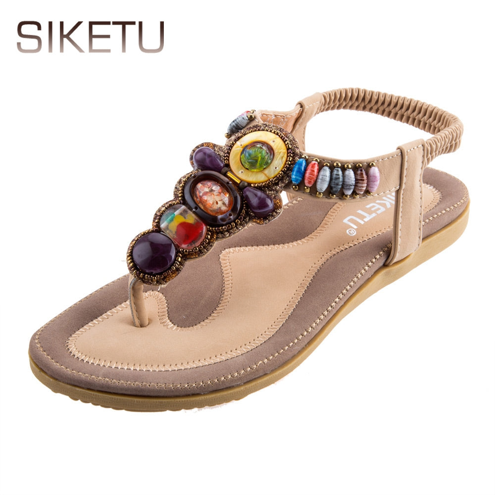 SIKETU Ladies Bohemia Beads Elastic Band Beach Flip-flop Sandals