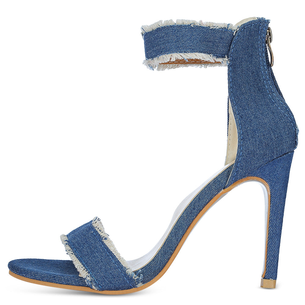 Pointed Toe Ankle Strap High Heel Denim Zipper Women Sandals