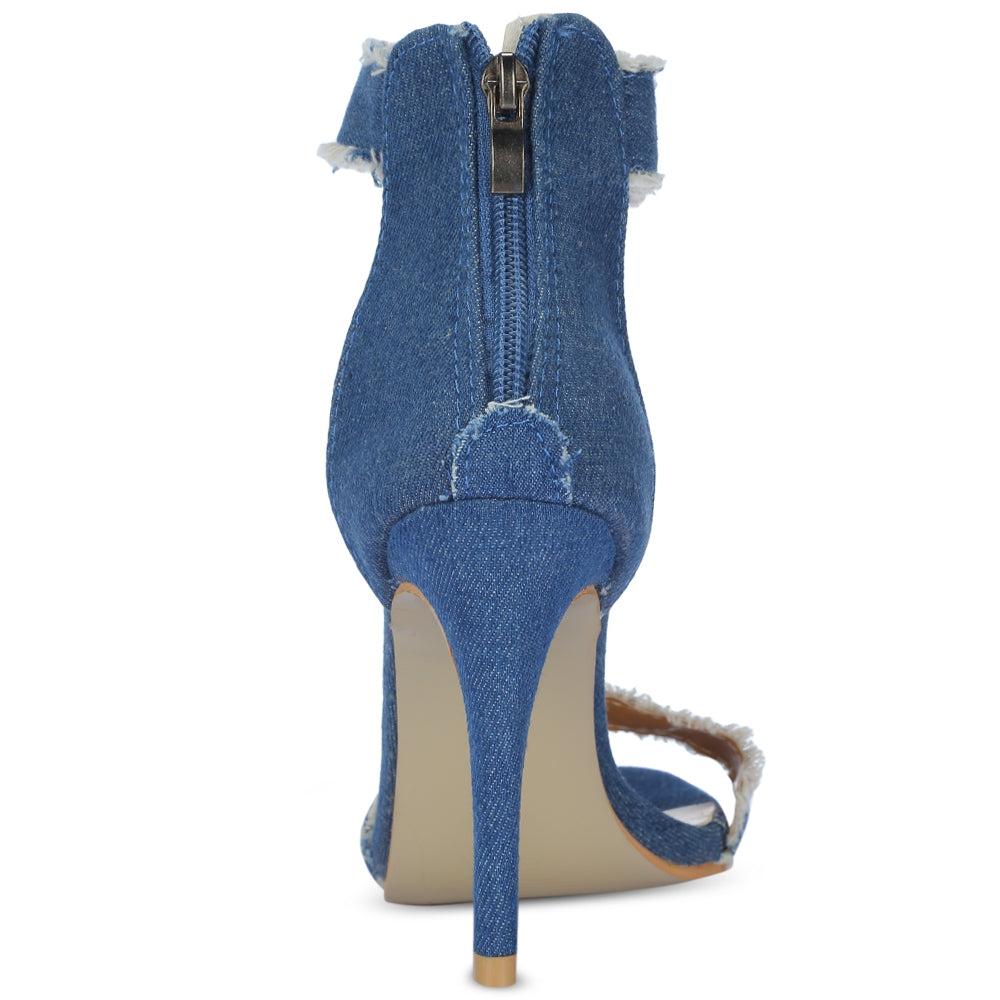 Pointed Toe Ankle Strap High Heel Denim Zipper Women Sandals