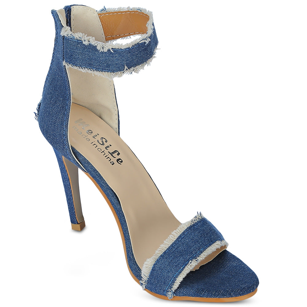 Pointed Toe Ankle Strap High Heel Denim Zipper Women Sandals