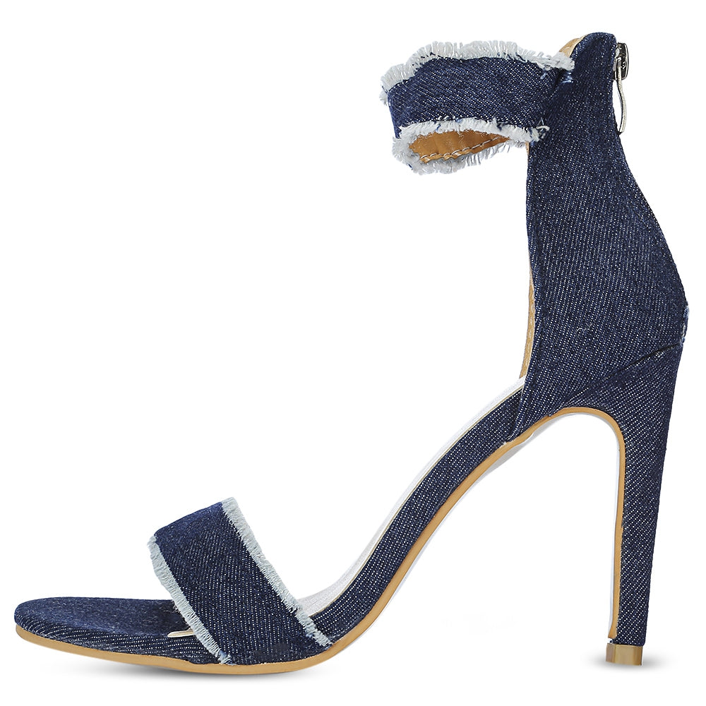 Pointed Toe Ankle Strap High Heel Denim Zipper Women Sandals