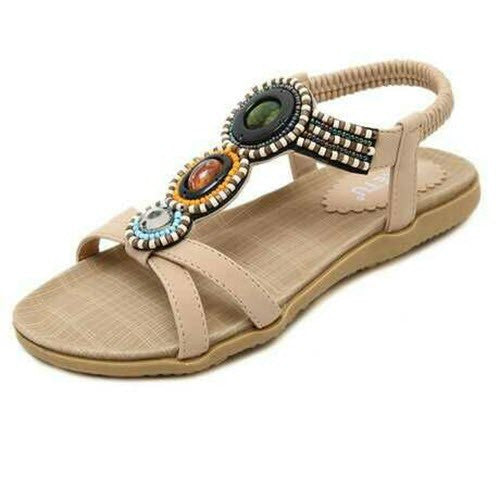 Beaded Flower Bohemian Tribal Gladiator Slingback Flat Sandal Apricot