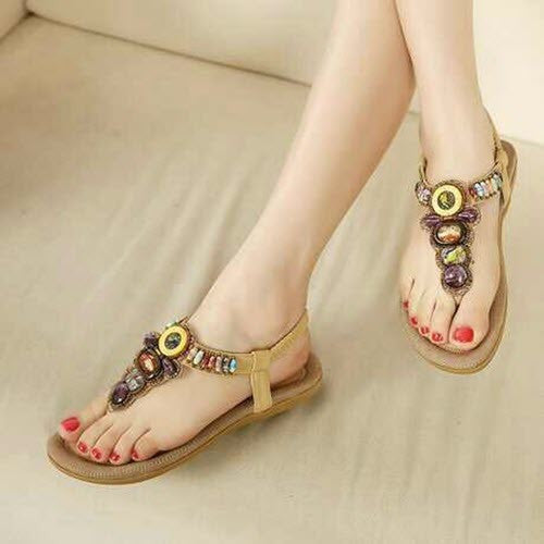 Beaded Flower Bohemian Tribal Gladiator T Strap Thong Flat Sandal