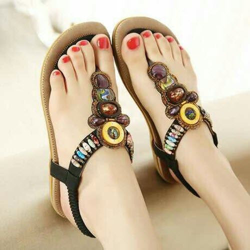 Beaded Flower Bohemian Tribal Gladiator T Strap Thong Flat Sandal