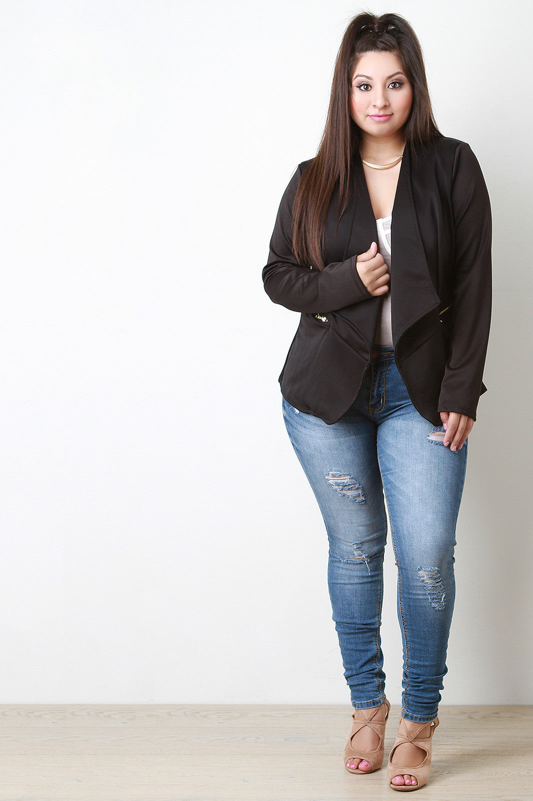 Zipper Trim Draped Open Front Blazer