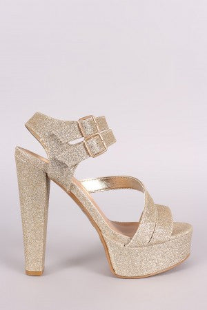 Bamboo Glitter Double Ankle Strap Chunky Platform Heel