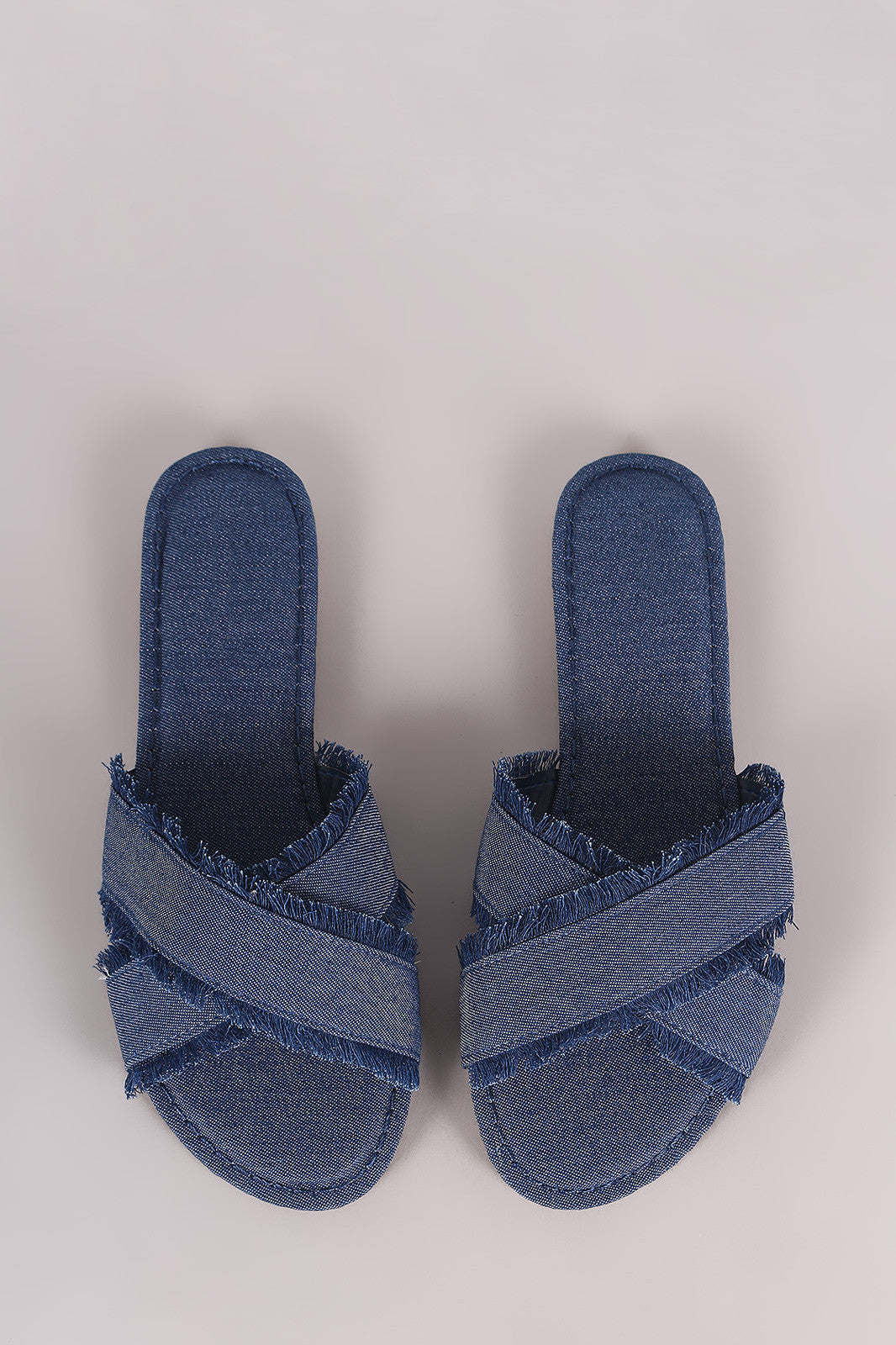 Bamboo Frayed Denim Cross Band Slide Sandal