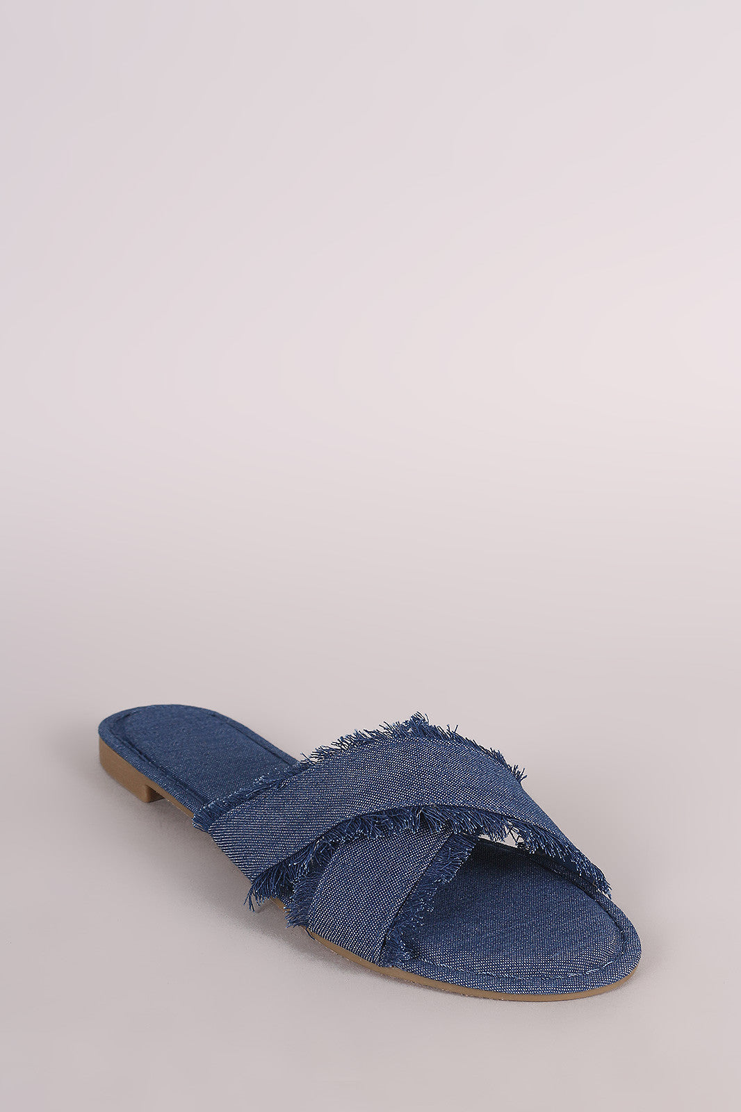 Bamboo Frayed Denim Cross Band Slide Sandal