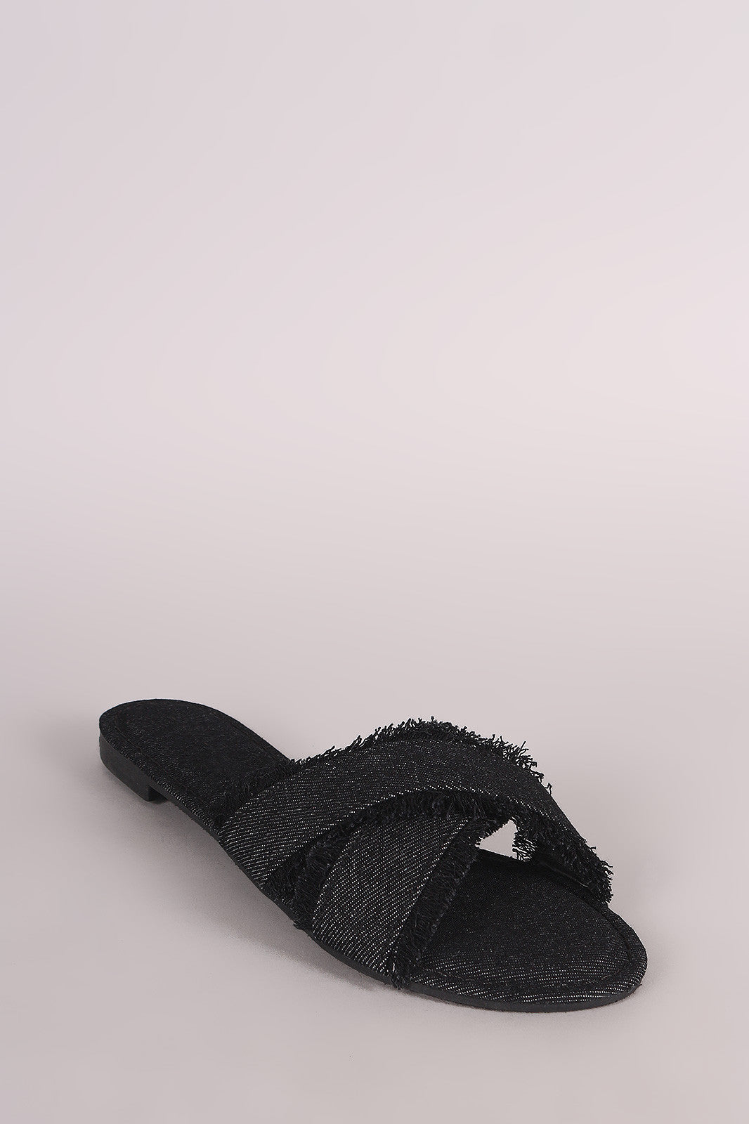 Bamboo Frayed Denim Cross Band Slide Sandal