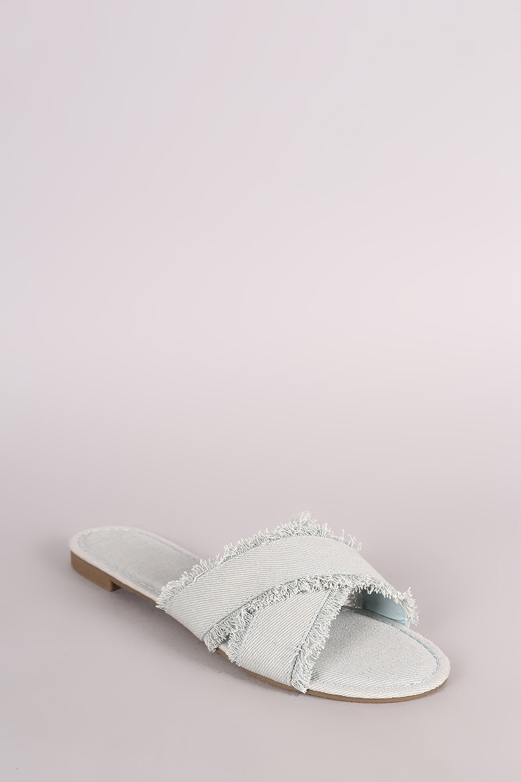 Bamboo Frayed Denim Cross Band Slide Sandal