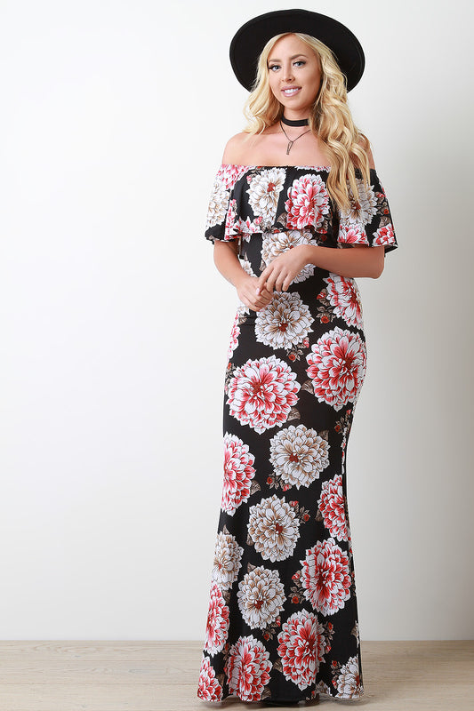 Zinnia Floral Print Ruffle Tiered Bardot Maxi Dress