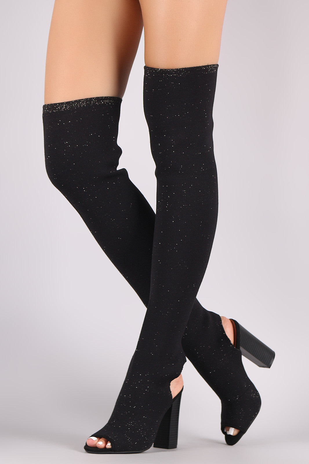 Bamboo Glitter Knit Peep Toe Chunky Heeled Over-The-Knee Boots