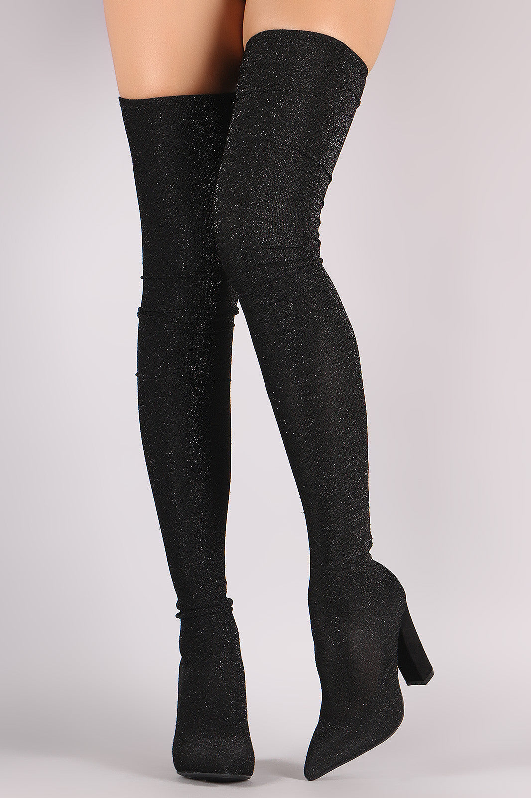 Bamboo Glitter Knit Pointy Toe Chunky Heel Over-The-Knee Boots