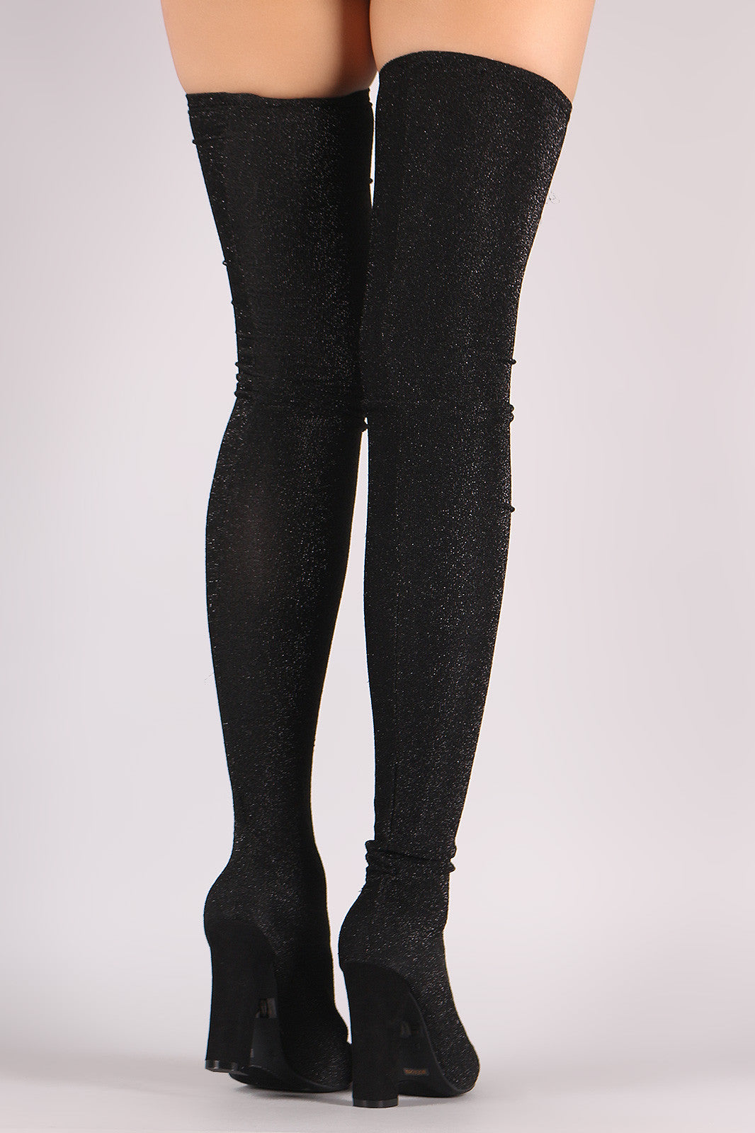 Bamboo Glitter Knit Pointy Toe Chunky Heel Over-The-Knee Boots