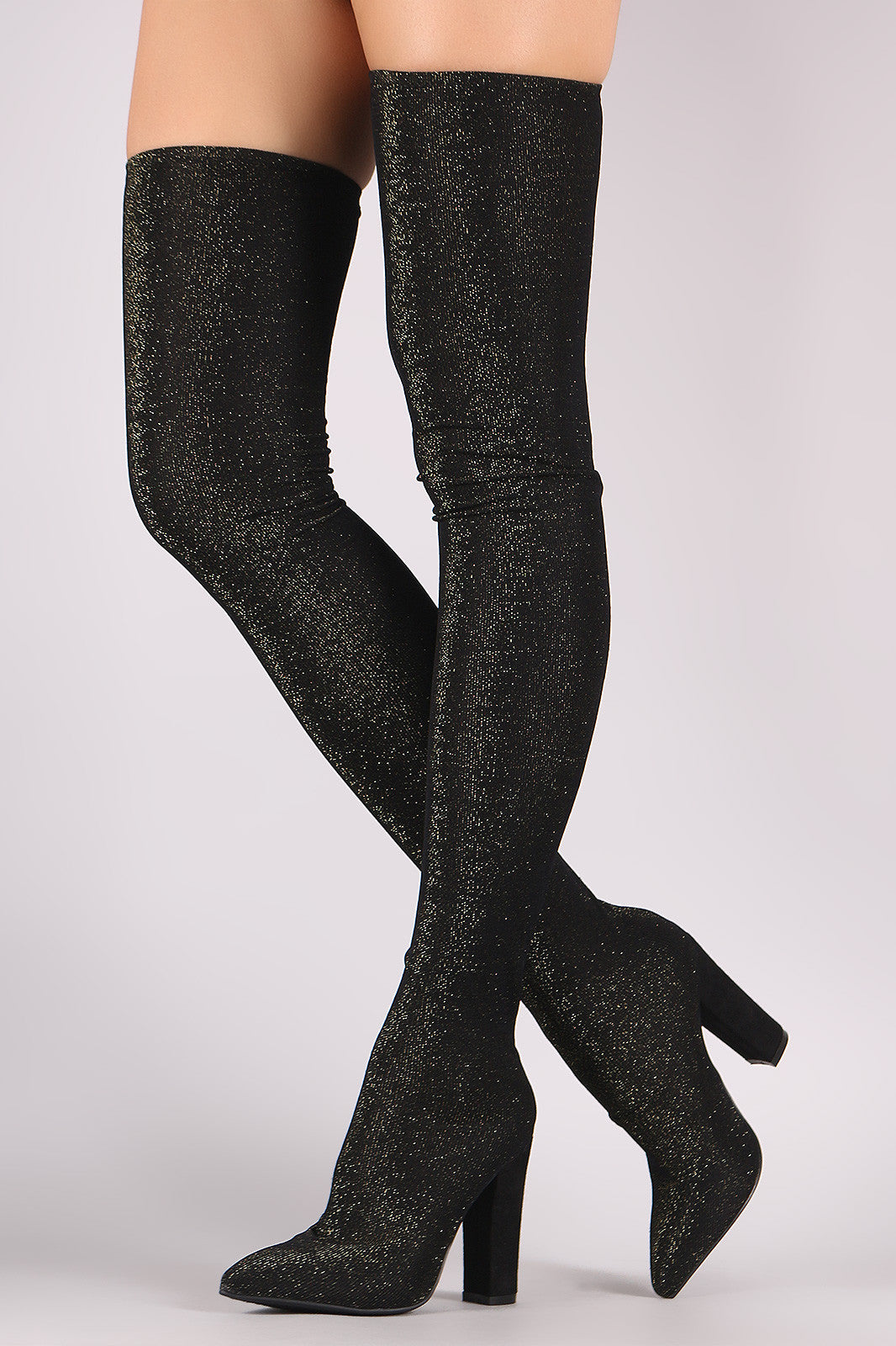 Bamboo Glitter Knit Pointy Toe Chunky Heel Over-The-Knee Boots