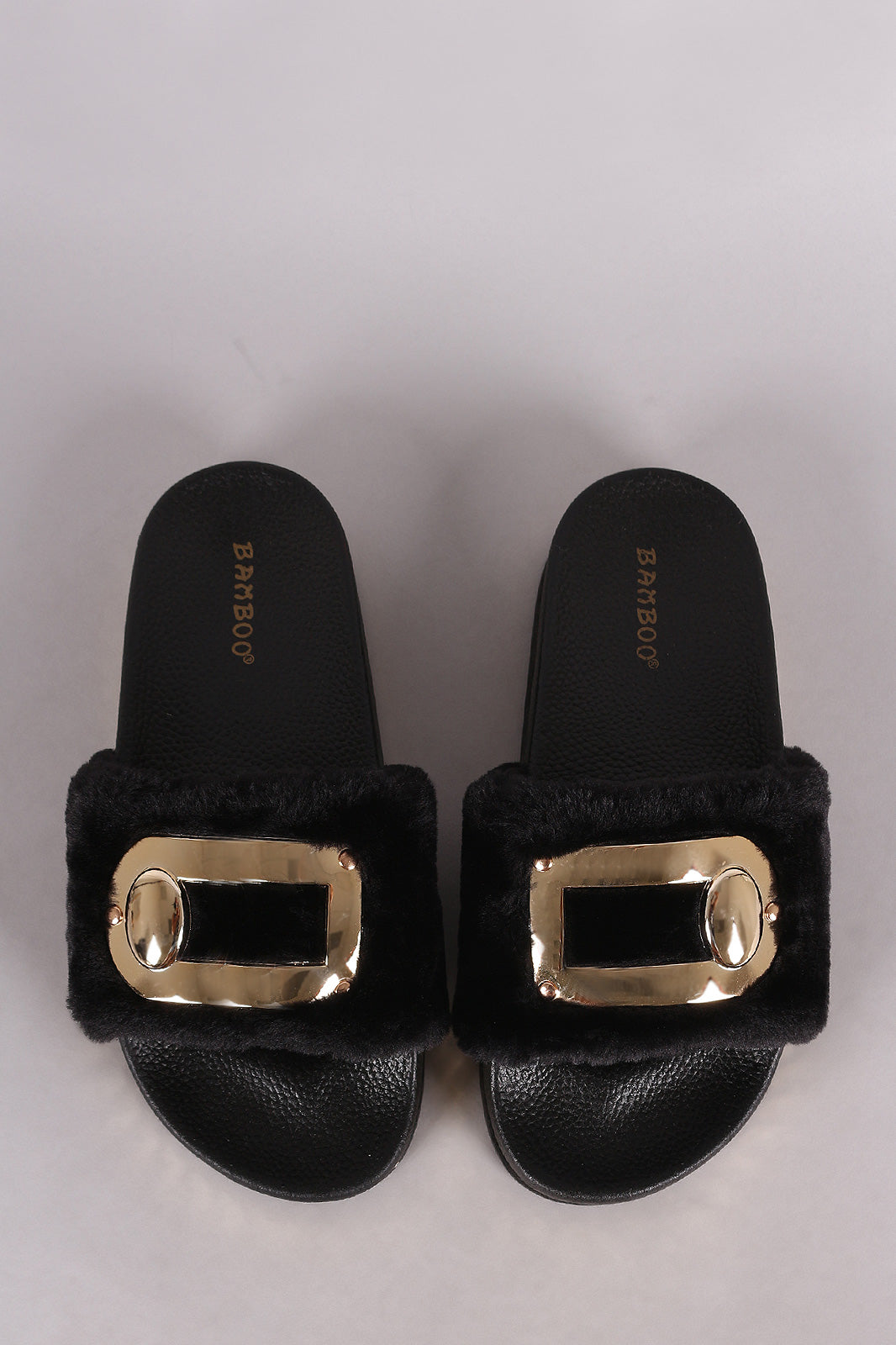 Bamboo Hardware Embellished Fur Chain Slide Sandal