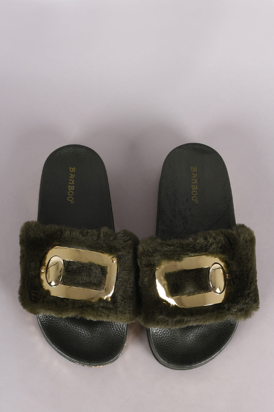 Bamboo Hardware Embellished Fur Chain Slide Sandal