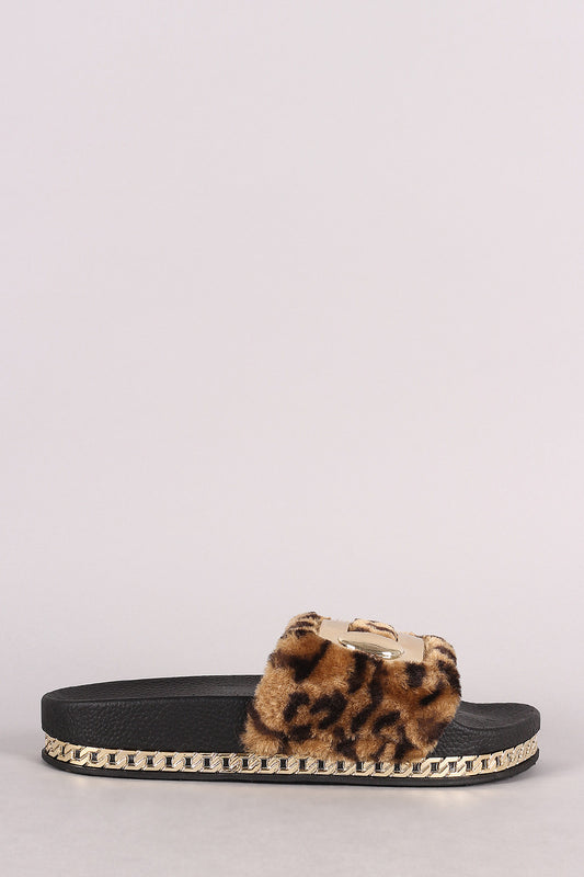 Bamboo Hardware Embellished Leopard Fur Chain Slide Sandal