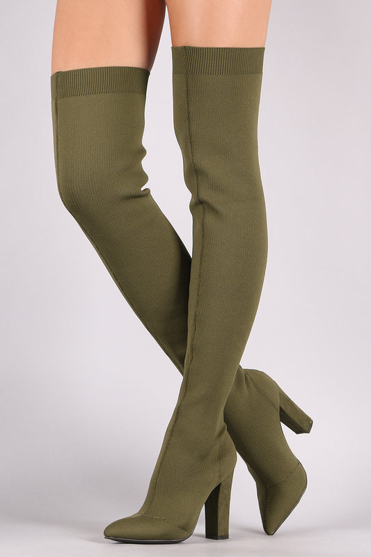 Bamboo Knit Pointy Toe Chunky Heeled Over-The-Knee Boots