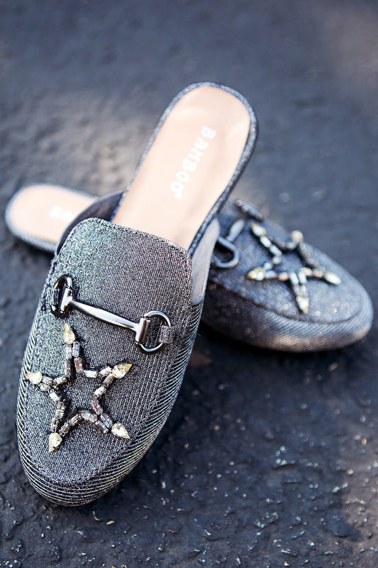 Bamboo Glitter Horsebit Jewel Star Slip On Mule Flat