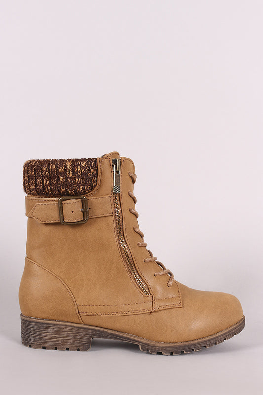 Bamboo Knit Cuff Buckle And Zipper Accent Combat Lace Up Boots