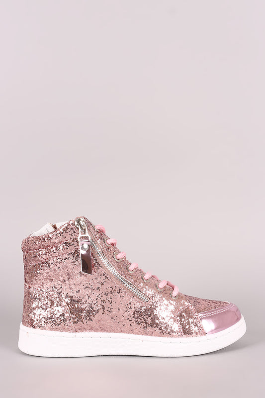 Zipper Accent Glitter Lace Up High Top Sneaker