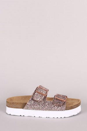 Bamboo Glitter Encrusted Buckled Footbed Slide Sandal